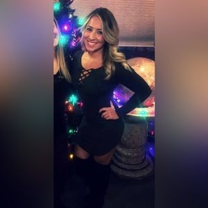 Olive green lace up body on fitted dress, size M